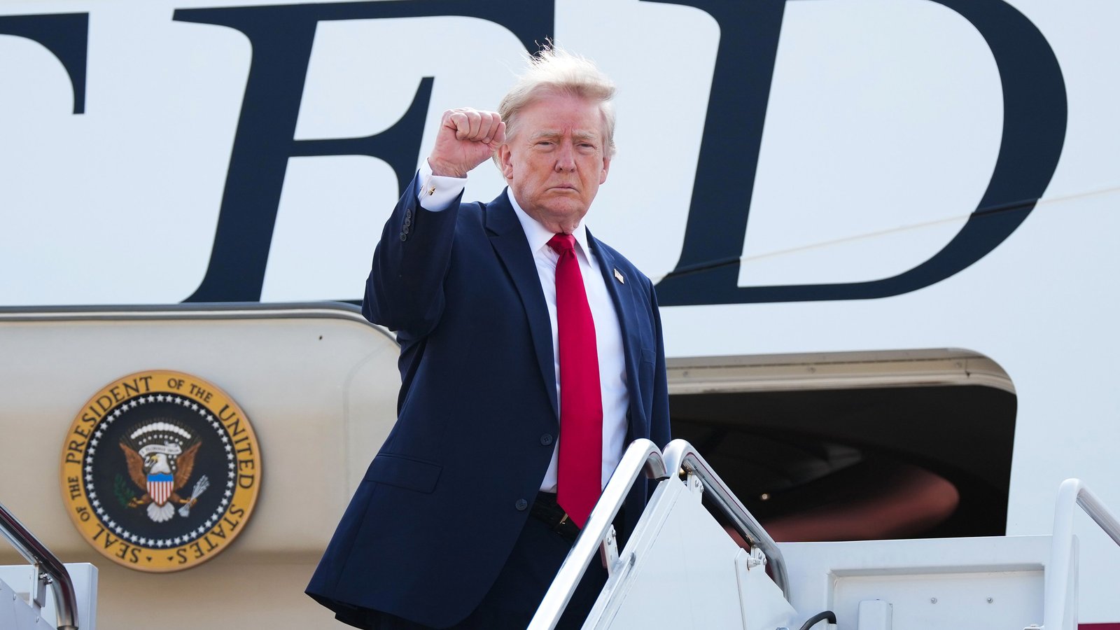 Trump says Air Force One donated by Qatar will be 'exhausted' due to security concerns 16 JOINT BASE ANDREWS, MARYLAND - JULY 1: President Donald Trump boards Air Force One July 1, 2026, at Joint Base Andrews, Maryland. Trump travels to North Dakota to attend the opening of the Theodore Roosevelt Presidential Library on his first trip on the new Air Force One plane donated to the United States by the Qatari government. (Photo by Andrew Harnick/Getty Images)