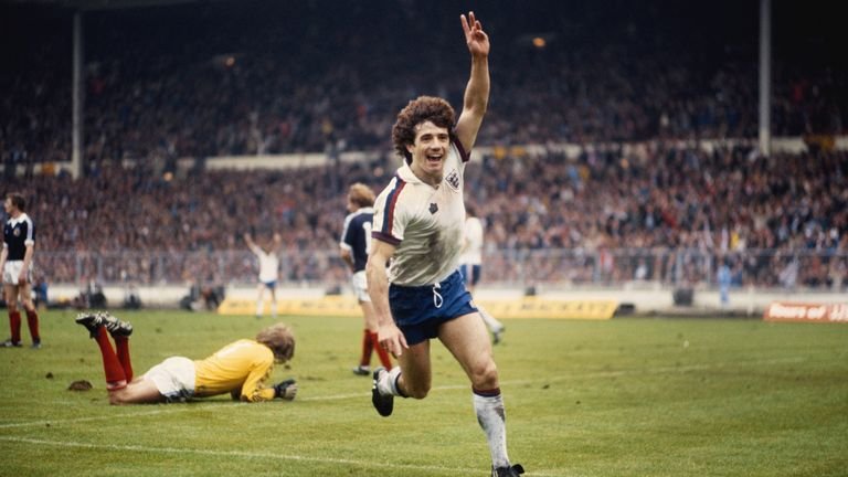Kevin Keegan celebrates scoring against Scotland at Wembley in 1979.