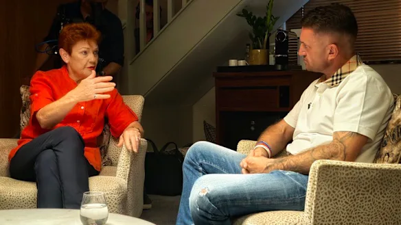 One Nation leader Pauline Hanson speaks to Tommy Robinson.