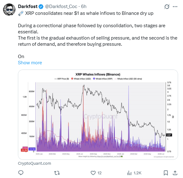 Correlation of XRP price and Binance inflows | Source: Darkfost