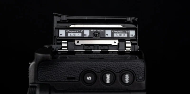 Sony FX5 has a new sensor, open shutter, internal RAW and more 30 Close-up of two memory card slots labeled