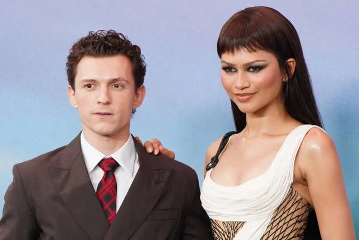 Zendaya Broke the Internet in This See-Through Dress for the 'Spider-Man' Premiere 25 Two celebrities on the red carpet; one in a sharp suit and tie, the other in a glamorous dress with a high slit and intricate pattern.