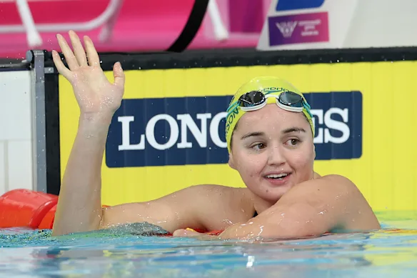 Jonah Anderson celebrates winning the 100m backstroke at the Commonwealth Games final in Glasgow.