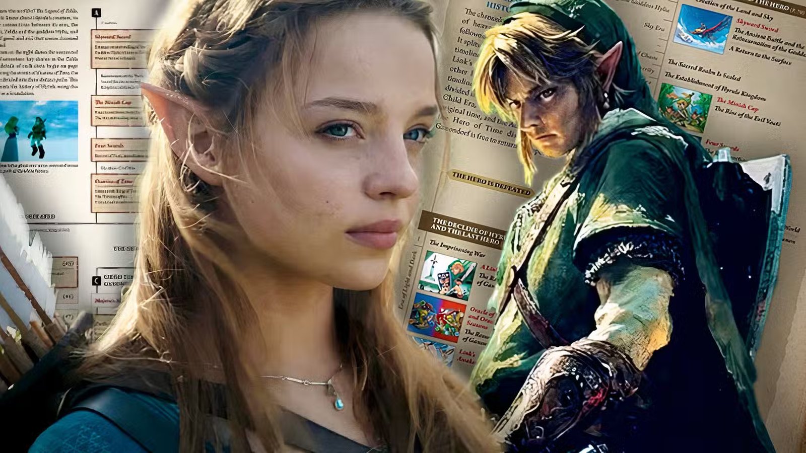 Princess Zelda and Link in the movie with the Zelda timeline behind them