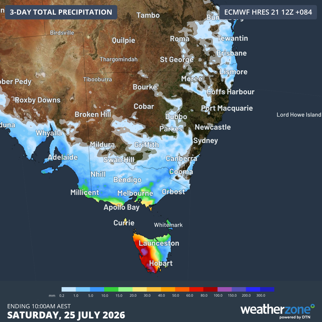 Total accumulated rainfall by 10am on Saturday 25 July 2026 over south-eastern Australia, as predicted by the ECMWF model. Source: Weatherzone