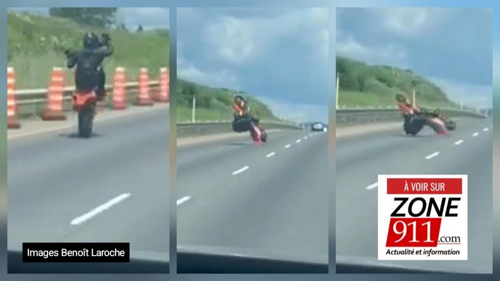 A motorcyclist lost control on the Laurentian Highway, riding on one wheel
