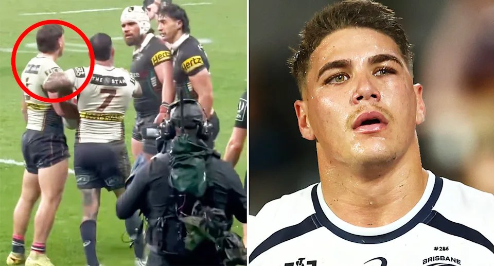 A vision appears of Reece Walsh's illegal action for which he was to be charged with sin against the Panthers. 13 Reece Walsh and Isaiah Papalia during the Broncos-Panthers game.