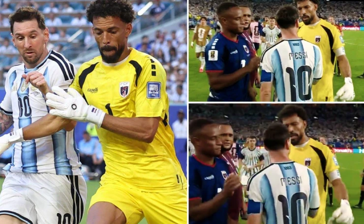Lionel Messi talks to Cape Verdean goalkeeper Vozinha after the World Cup match.