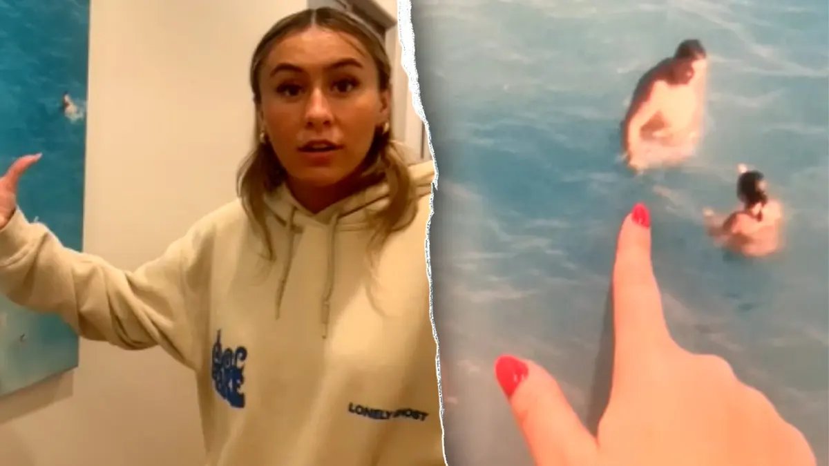 An old photograph of them is displayed on a family's claims wall in a rental home in San Diego. 13 Split image of Libby standing next to AirBnb
