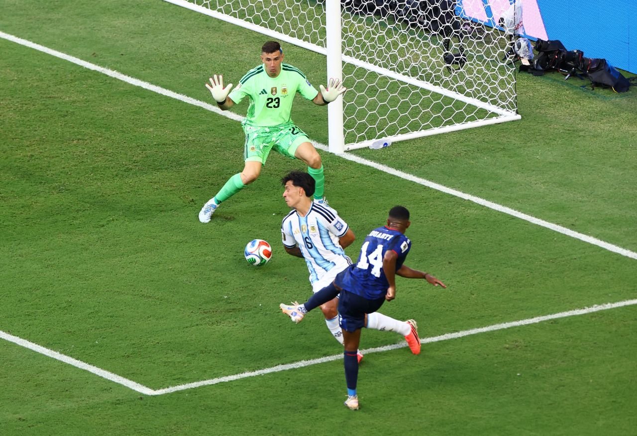 Deroy Duarte of Cape Verde scores a goal against Argentina.