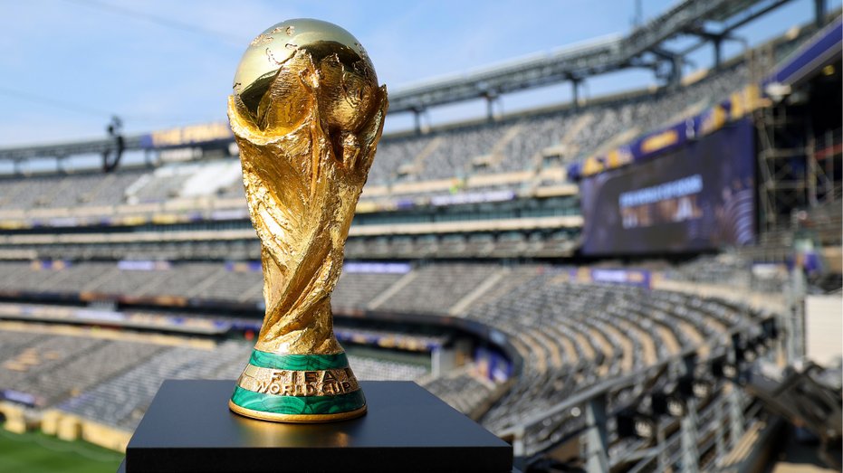 The FIFA World Cup trophy is on display at a stadium in the United States before the FIFA World Cup final on July 15, 2026.