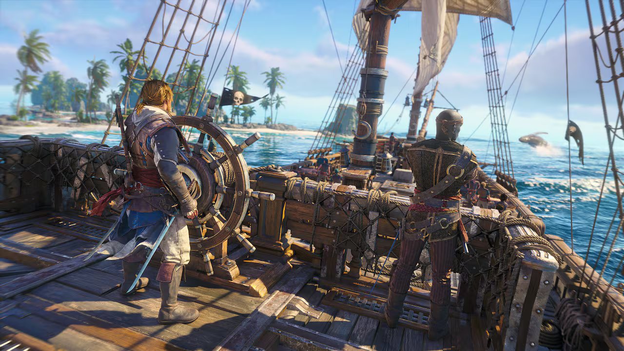 Screenshot from a video game: two men sailing on a pirate ship.