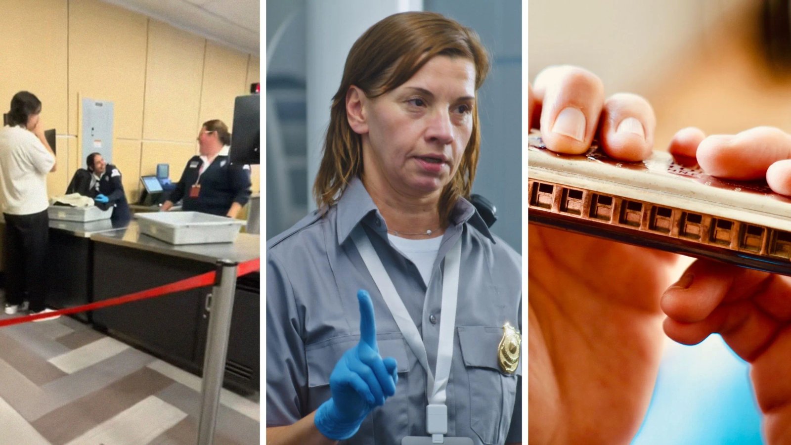Can the TSA force you to work? 11 man crossing TSA (left) TSA officer (c) man with harmonica (right)