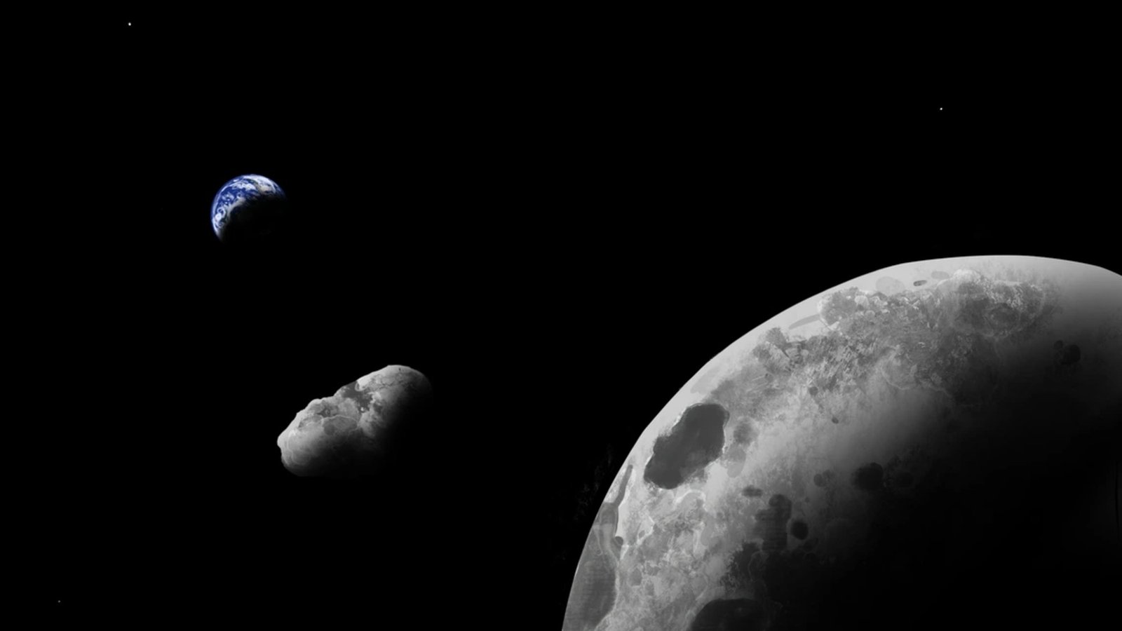 an image of the moon, the earth visible in the distance, and a small gray stone between them.
