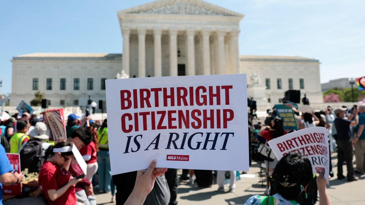 Citizenship by birth: Trump bets on unusual Supreme Court overhaul 12 Demonstrators rally in support of birthright citizenship outside the U.S. Supreme Court in Washington, D.C., April 1, 2026. President Donald Trump personally attended a U.S. Supreme Court hearing in a landmark case weighing the constitutionality of his controversial proposal to end birthright citizenship, an extraordinary and perhaps unprecedented move for the nation's highest office. (Photo by Kenta Nishimura/AFP via Getty Images)