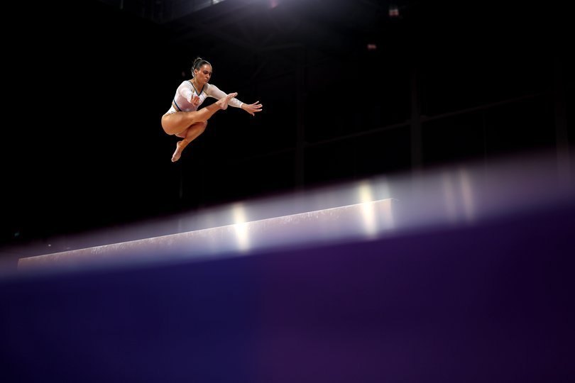 Brianna Scott of Team Australia competes in the women's beam final.
