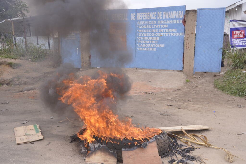 On July 13, 2026, staff at an Ebola treatment center went on strike to demand unpaid wages and bonuses at Rwampara General Hospital in Ituri province in northeastern Congo.