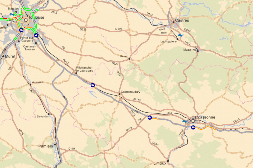 Around 16:30, Bison Futhe noticed three separate slowdown zones between Toulouse and Narbonne.