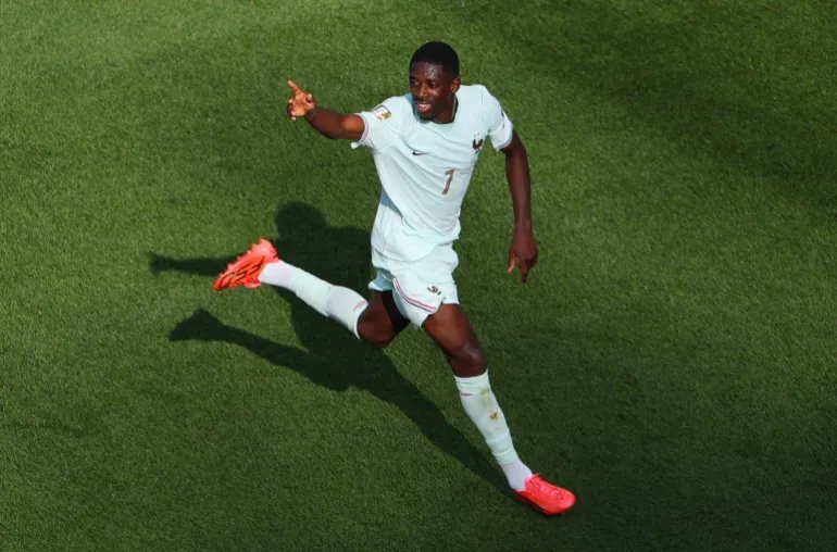 Frenchman Ousmane Dembele celebrates his second goal against Morocco