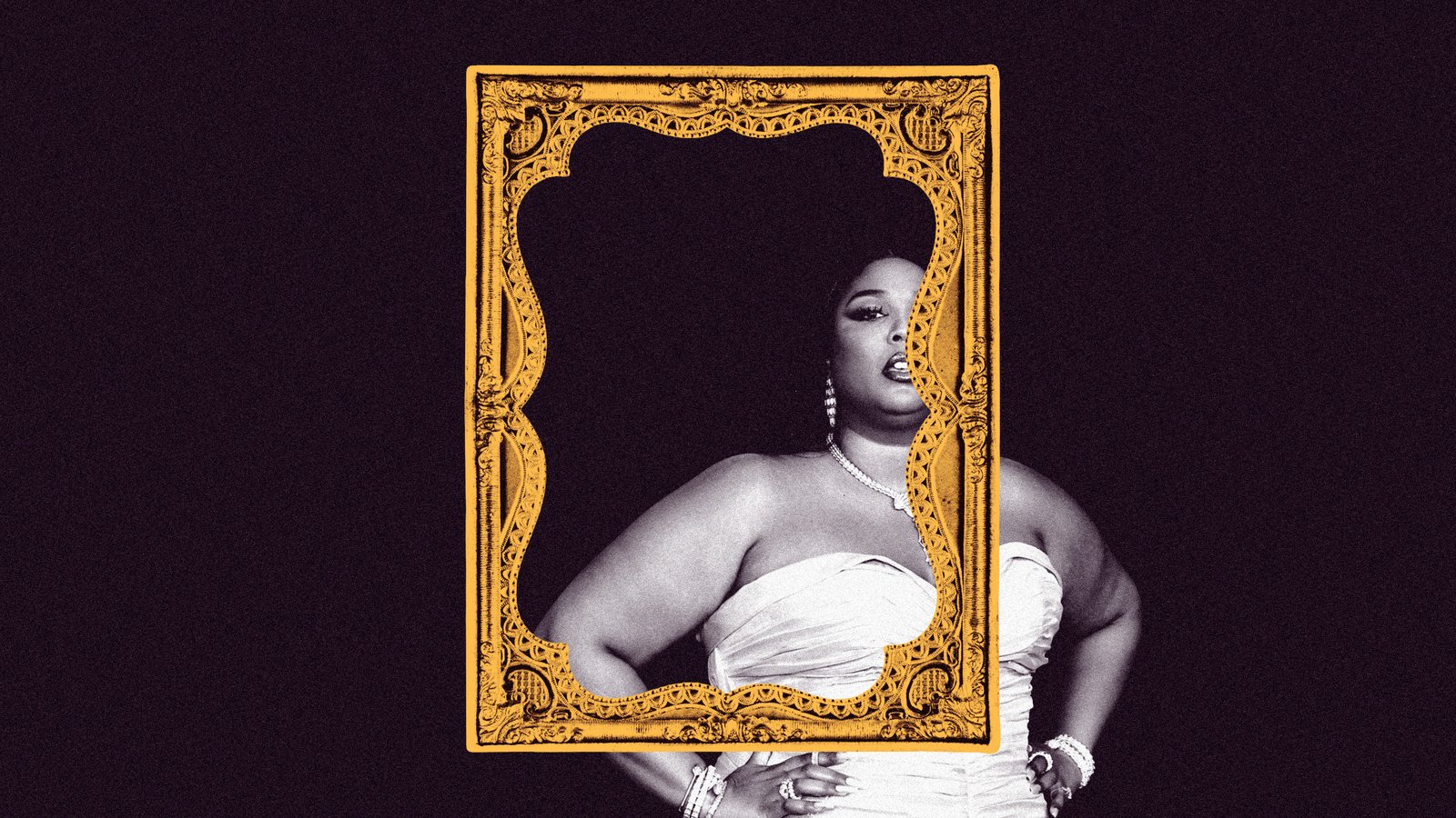 Singer Lizzo stands in the center of the photo frame.