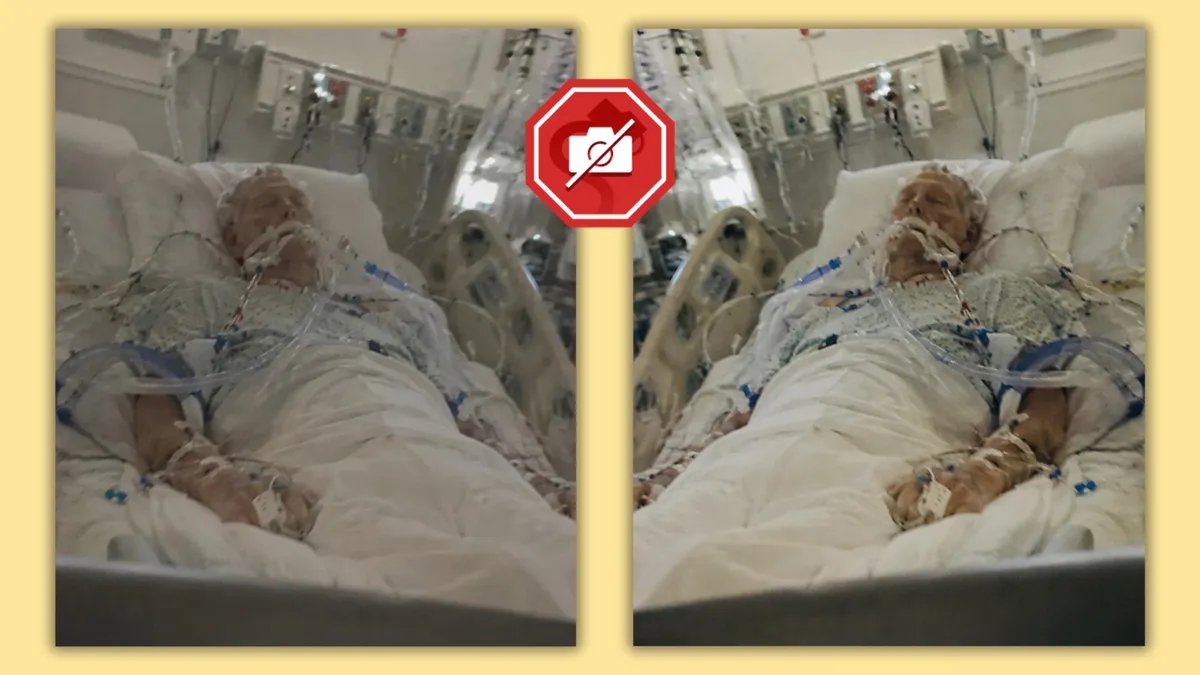 The fake image shows a white man in a hospital bed, connected to various tubes and wires.