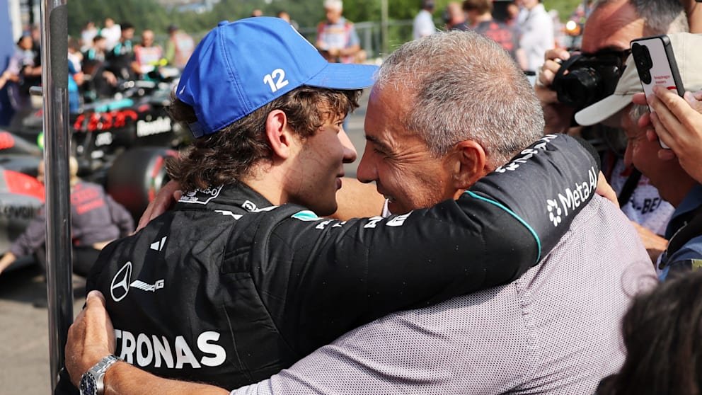 Formula 1: Belgian Grand Prix – Mercedes star Antonelli humiliates Verstappen and co in Spa qualifying | sport 11 Antonelli's father, Marco, hugs his son after his son took his sixth pole position of the season.