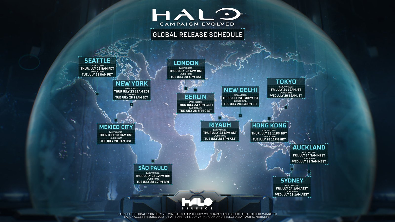 Get ready for early access | Halo: Campaign Progression | Halo 15 Global release schedule for Halo: Campaign Evolved. Early Access and global launch times are represented by dots over major cities around the world with localized regional launch times.