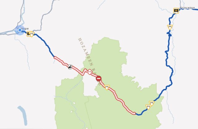 Highway 3 is closed in both directions due to the wildfire, leaving Coquihalla as the only alternative. 11 Highway 3 is closed in both directions, as is Highway 1, leaving the Coquihalla Highway as the only route out of the Fraser Valley this evening.