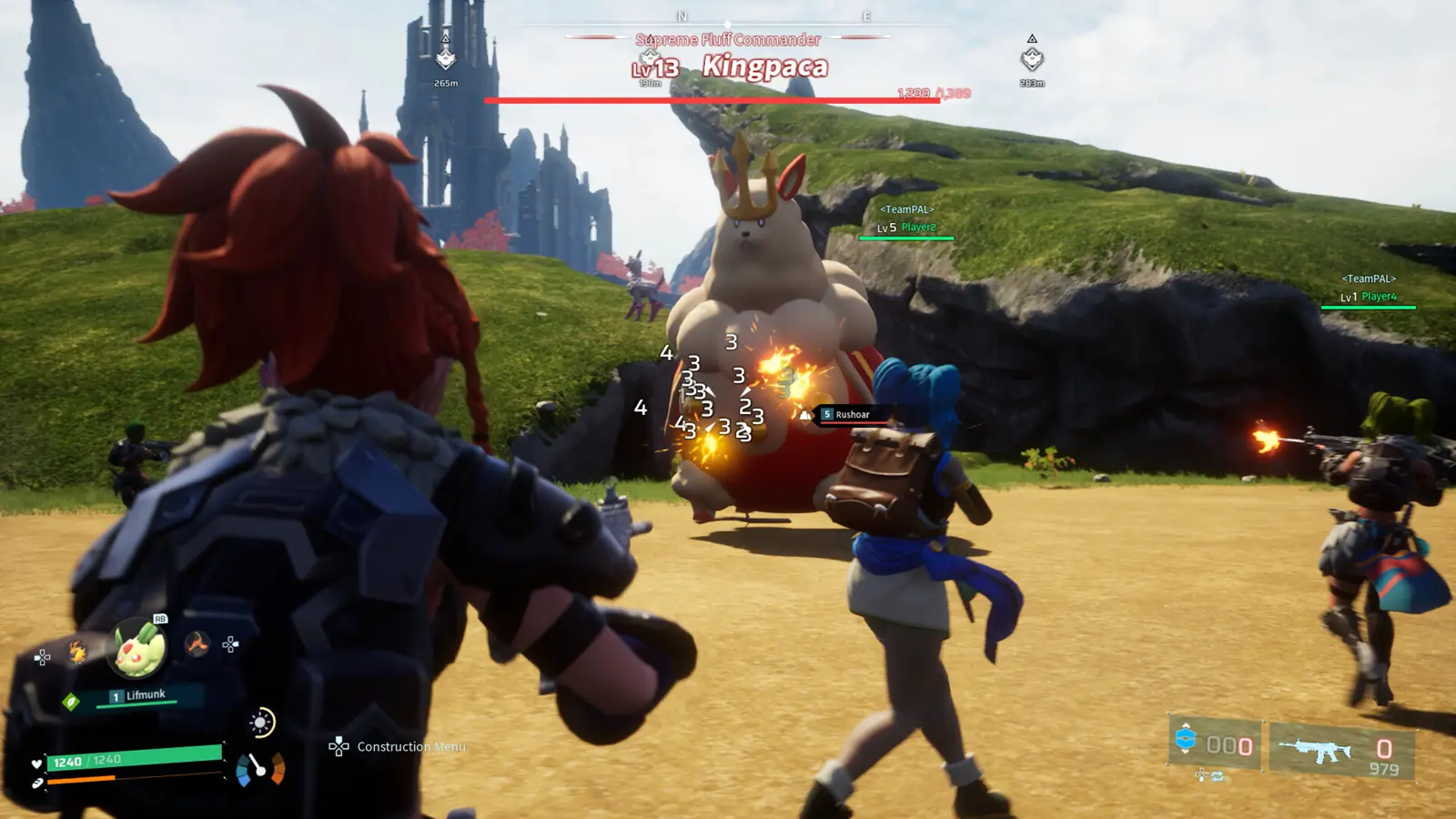 An in-game screenshot from Palworld showing players fighting a giant creature.