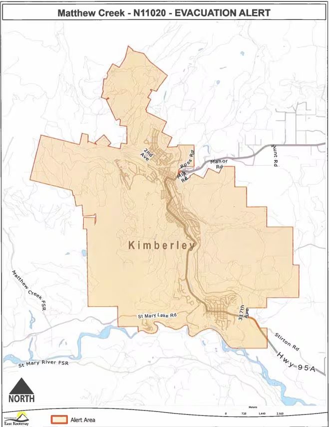 On the map of Kimberly, British Columbia, the city's municipal boundaries are shaded to indicate an evacuation alert area.