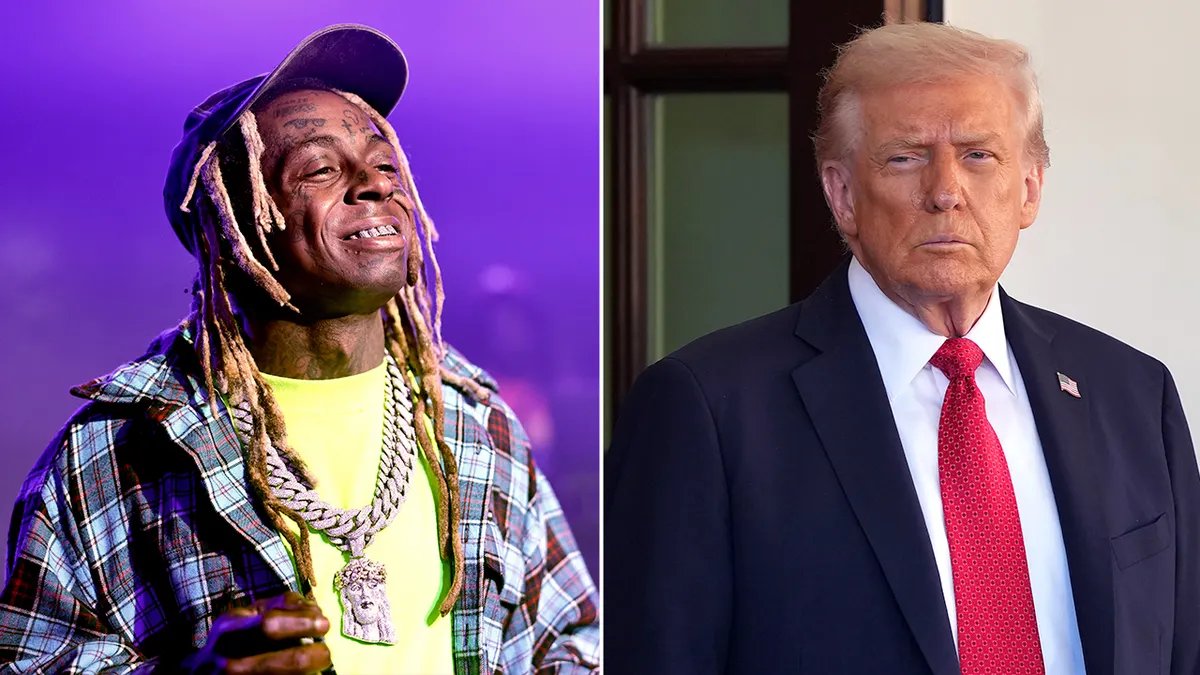 Lil Wayne performs on stage; Donald Trump waits outside the White House in split screen.