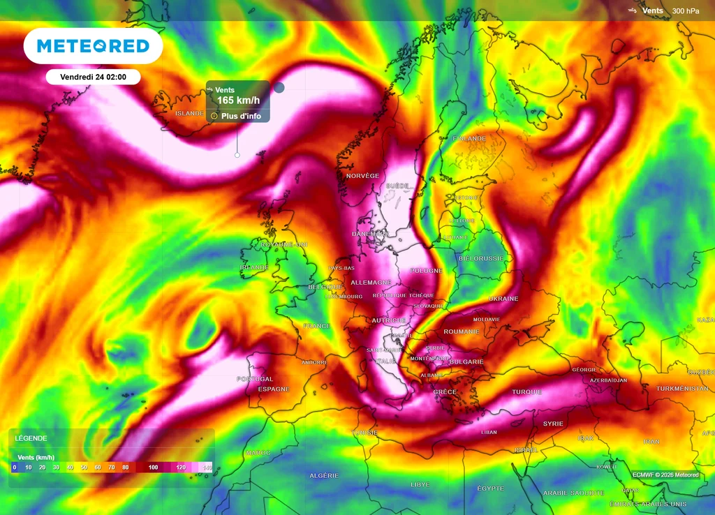 The polar jet stream, highlighted in pink at the top of the image, may subside as early as Saturday, July 25, and head toward Western Europe.