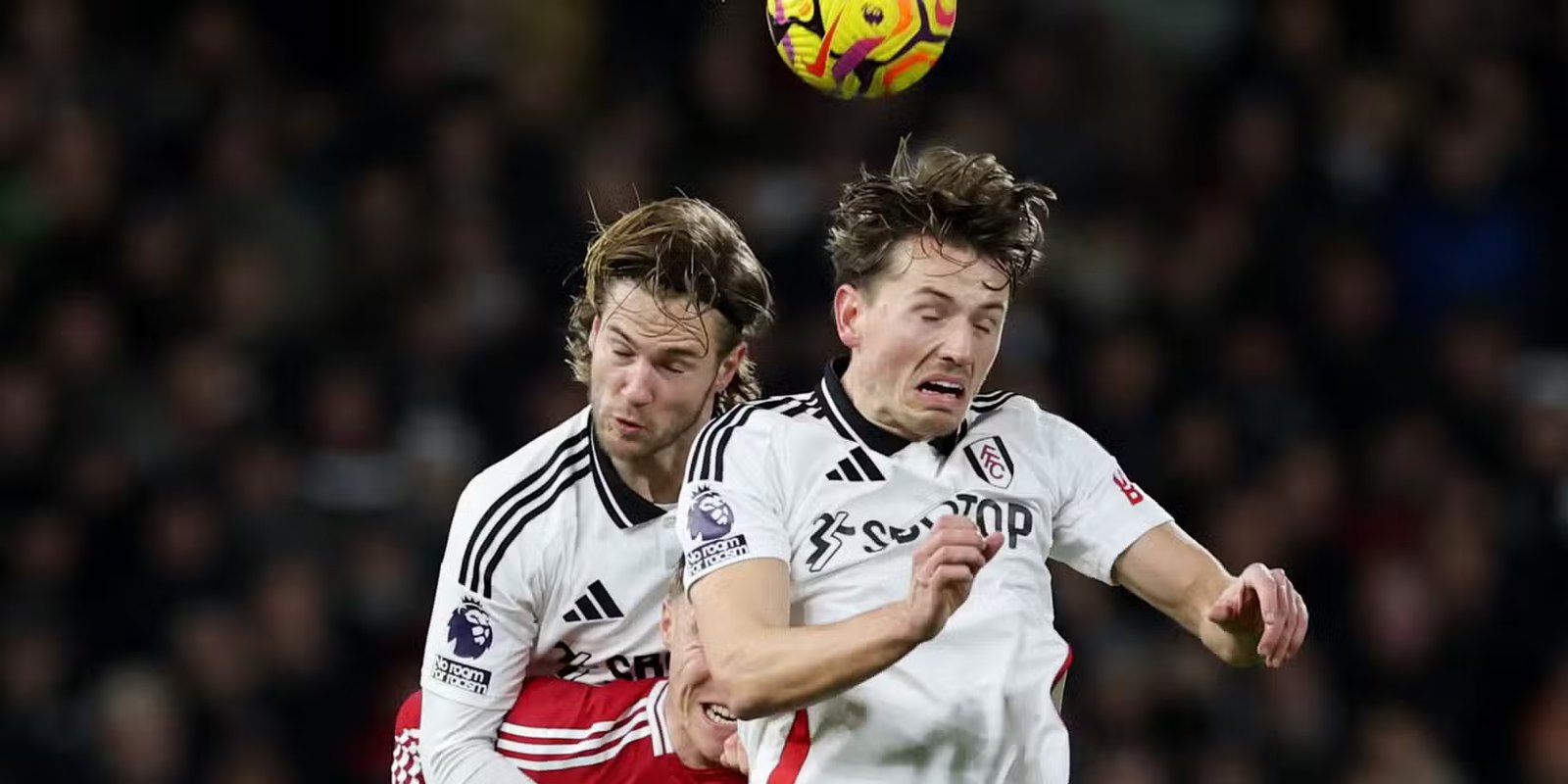 Manchester United have made a transfer move for the 6ft 5in midfielder 13 Sander Berge and Joachim Andersen fight for a header