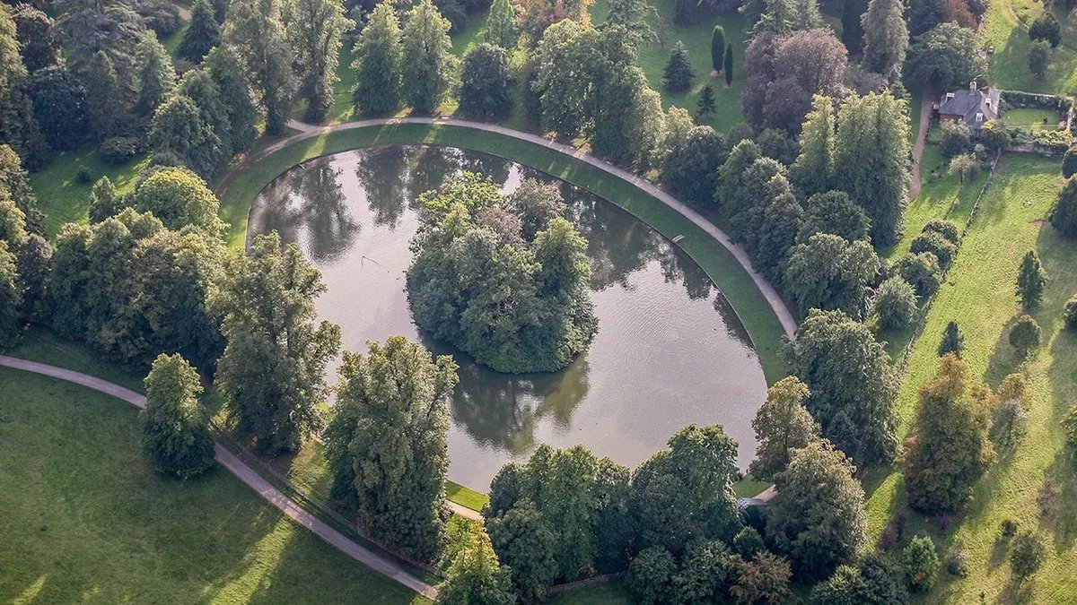 An aerial view of the burial site of Diana, Princess of Wales at Althorp Estate.