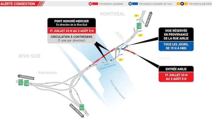 Map of the obstacles planned for the Honoré-Mercier Bridge.