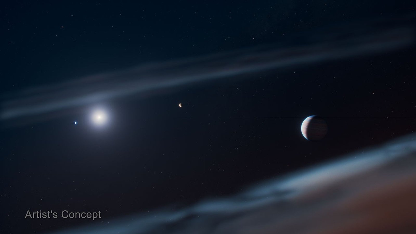 NASA's Webb Discovers Hidden Planet in Famous Star System 13 Artist's concept of the planetary system Beta Pictoris. One edge of a smooth, dusty disk that looks like wisps of cloud runs across the top third of the image at an angle of 9 o'clock to 2 o'clock. Just below, in the left third of the image, the star glows white and is small in size. To the left of the star there is a tiny white dot - the planet Beta Pictoris c. To the right of the star, about twice the distance between Beta Pictoris c and the star, is another bright dot representing the planet Beta Pictoris b. The third planet, Beta Pictoris d, is larger than the other two and is depicted in the right third of the illustration. The planet has thin orange cloud bands and the side facing the star is illuminated. Below this planet, another thin edge of the dust disk surrounding the star intersects the lower right corner of the illustration below Beta Pictoris d from 4 to 7 o'clock. The black background of space is dotted with distant stars. Words