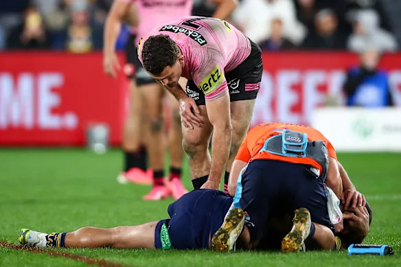 Cool number: Nathan Cleary tests Tallinn da Silva.