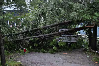 A tree fell on a car on Highway 327 in Harrington, Quebec, Canada on Tuesday, July 21, 2026.