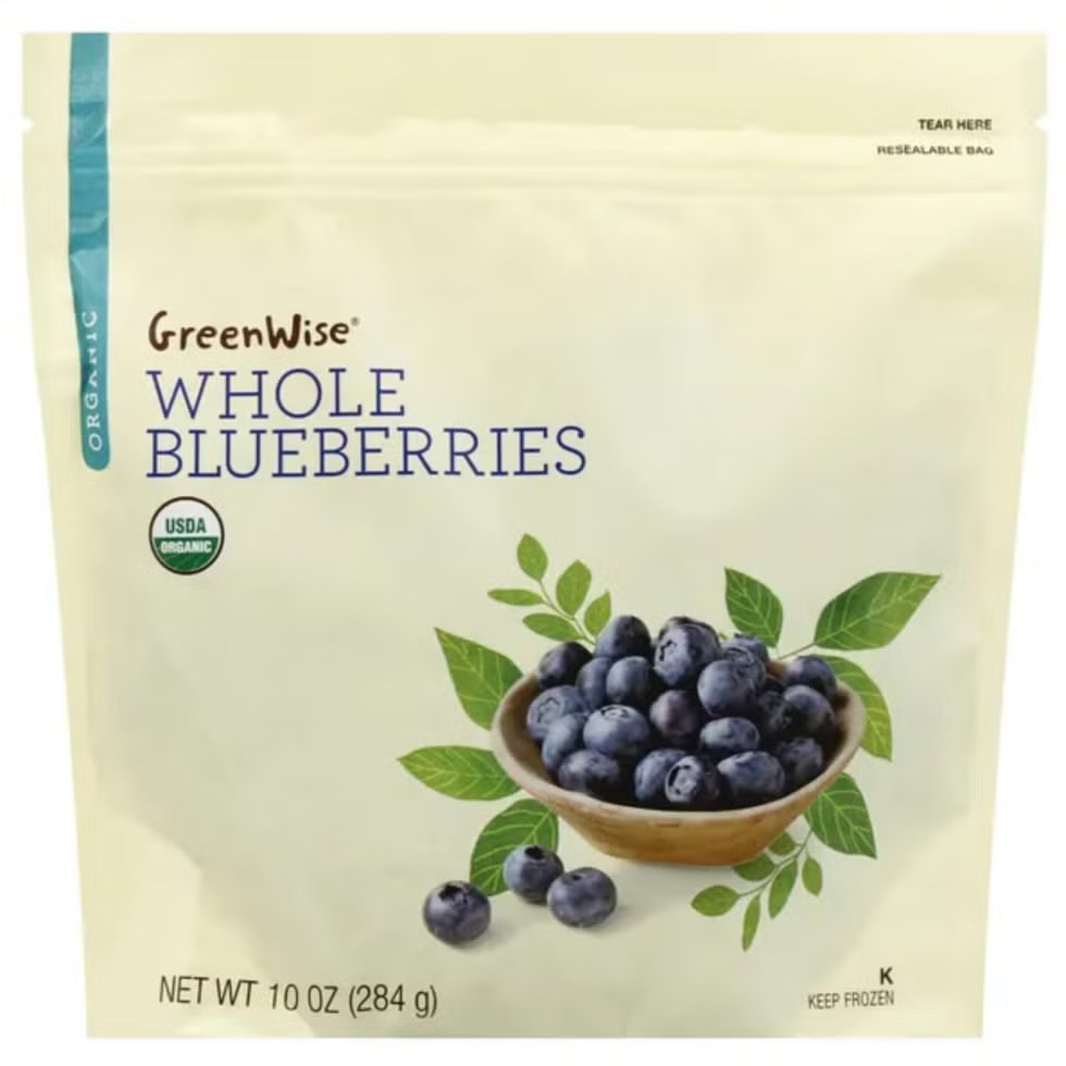 Organic whole blueberries, packaged in a resealable bag. Organic whole blueberries, packaged in a resealable bag.