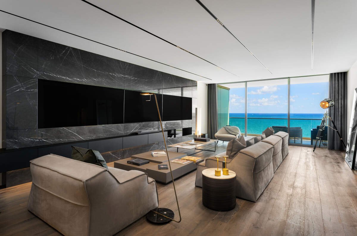 The living room in the new Bal Harbor apartment owned by former Brazilian football player Kaká overlooks the Atlantic Ocean.