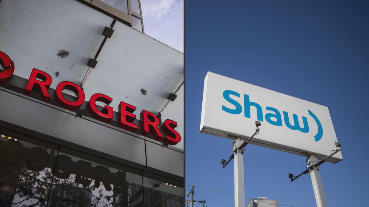 The composite exhibit features a storefront with Rogers' logo and a billboard with Shaw's logo.