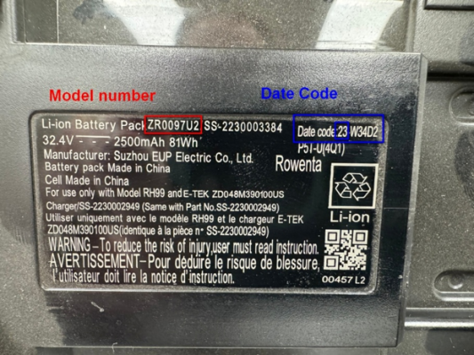 Location of model number ZR0097U2 and date code beginning with 23 or 24 (affected batteries were manufactured before December 2024) on the back of the recalled battery.
