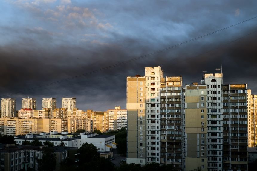 Smoke hangs in the air after a Russian missile strike on the Ukrainian capital Kyiv on Sunday.