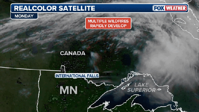 Smoke from Canadian wildfires has spread haze and hazardous air quality to the Northeast Great Lakes 15 Multiple wildfires burn in western Ontario, Canada, on Monday, July 13, 2026, causing plumes of smoke to be visible on satellite.