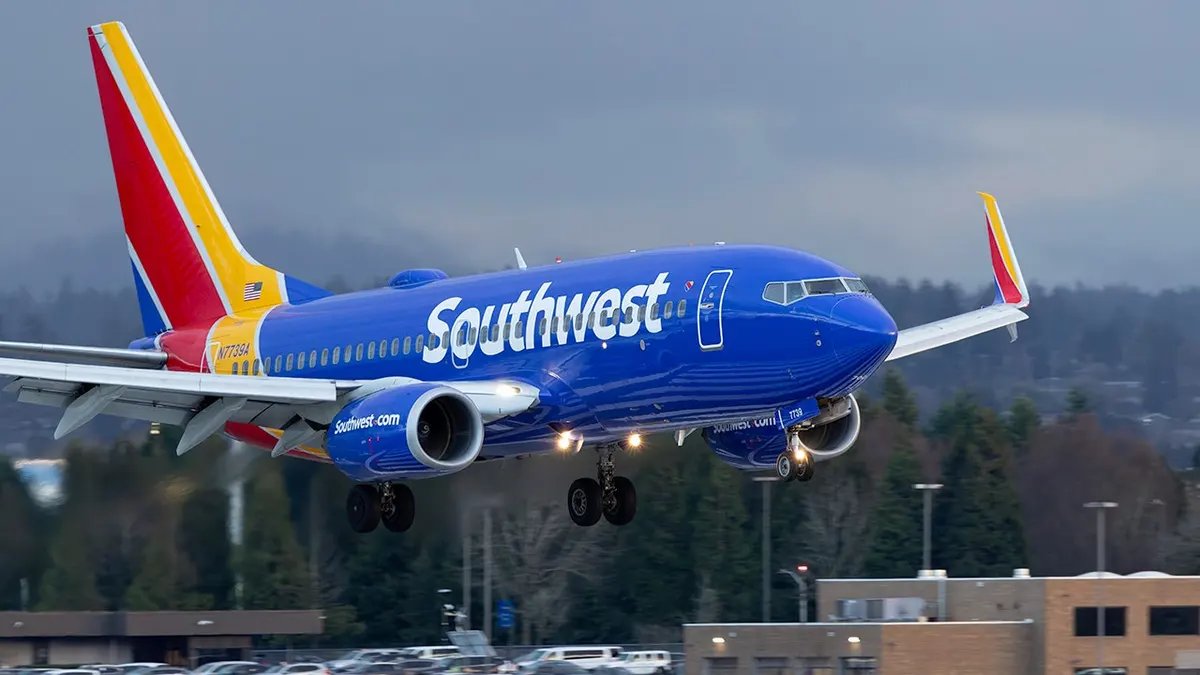 A Southwest Airlines flight is in the air.