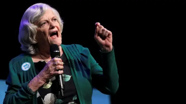 The photo shows Anne Widdecombe performing at the event, holding a microphone and wearing a green jacket over a floral top.