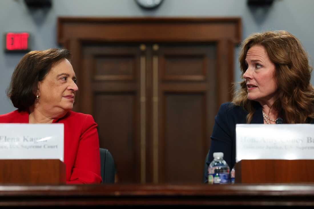 Supreme Court Justices Elena Kagan and Amy Coney Barrett testify before the House Appropriations Committee on Capitol Hill on July 14, 2026 in Washington, DC. The justices appeared before a Supreme Court budget committee hearing asking for additional security funding.