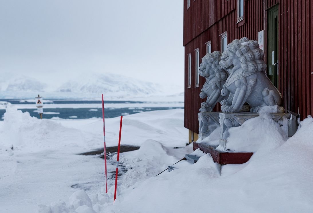 Lion statues at the entrance to China's Huang He Research Station in Ny Ålesund, Svalbard, Norway, April 6, 2023. Norwegian authorities removed them this year.