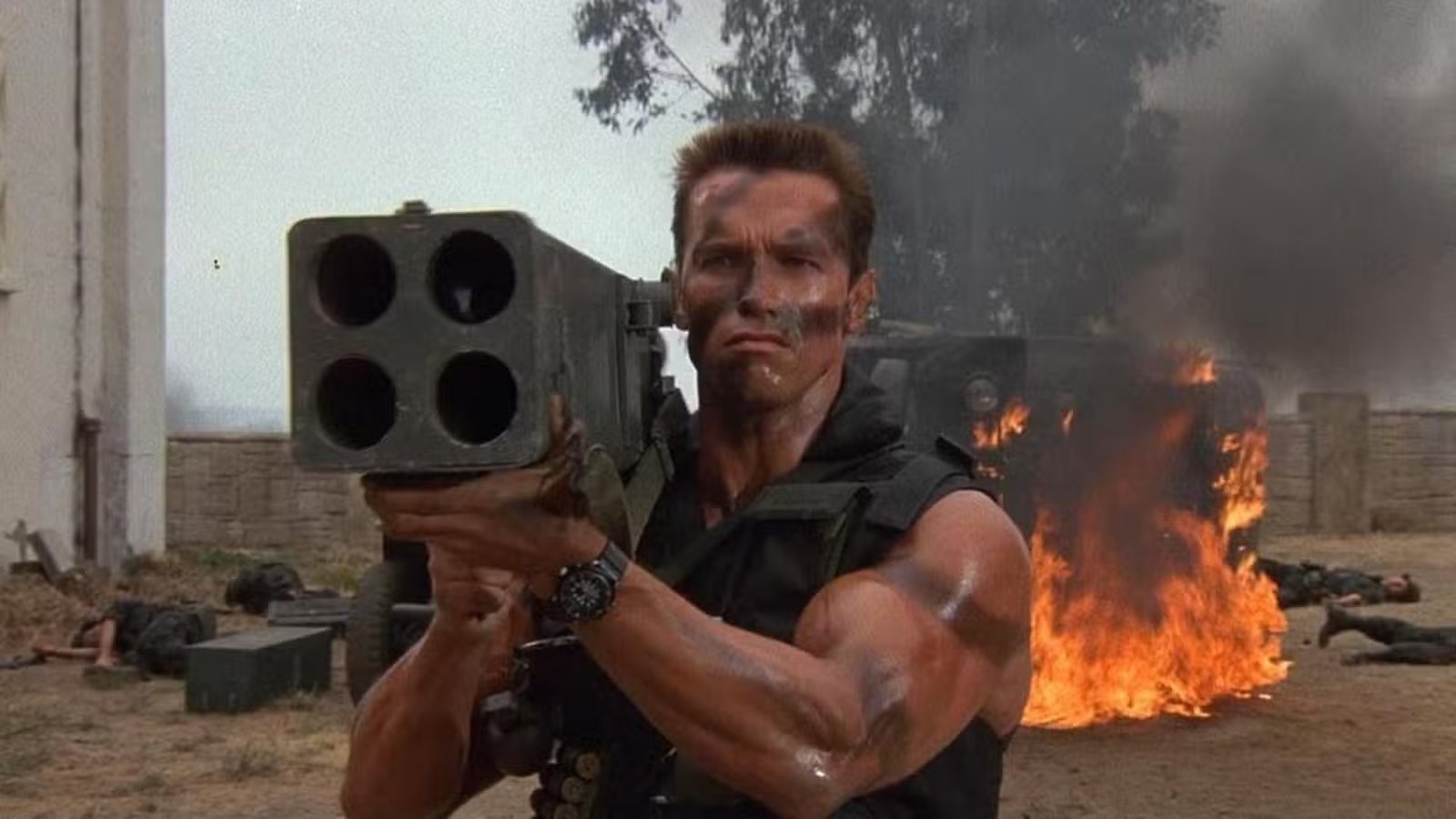 Arnold Schwarzenegger takes aim with a massive rocket launcher in the movie Commando