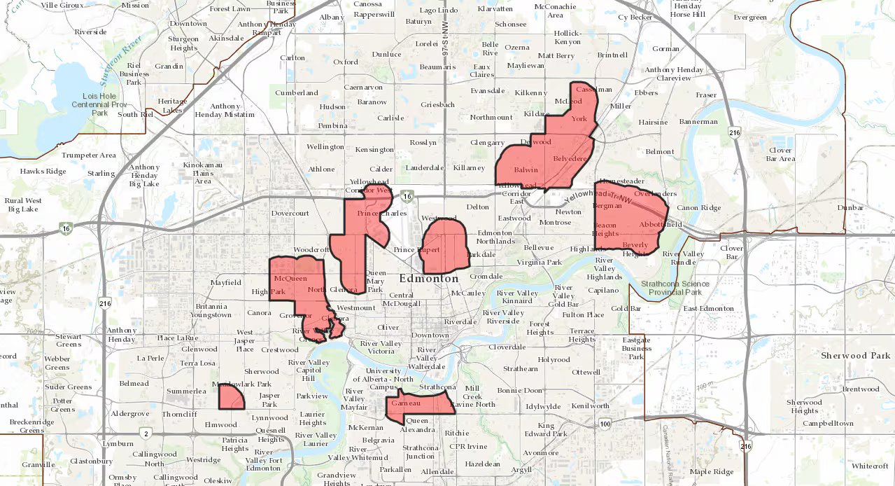 Edmonton map with red letters indicating power outages